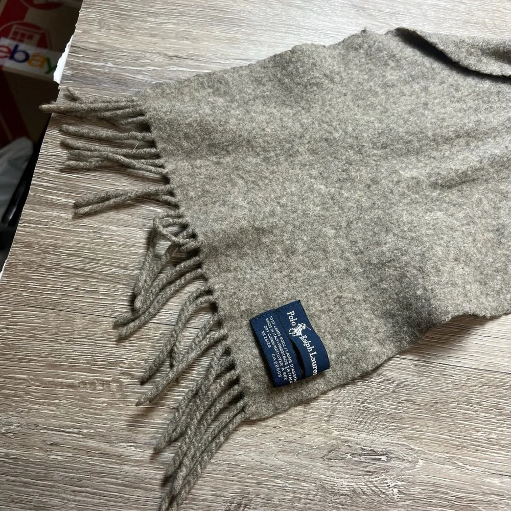 Polo Ralph Lauren Scarf Unisex OS Tan Lambswool Made in Italy Fringed Pony Logo